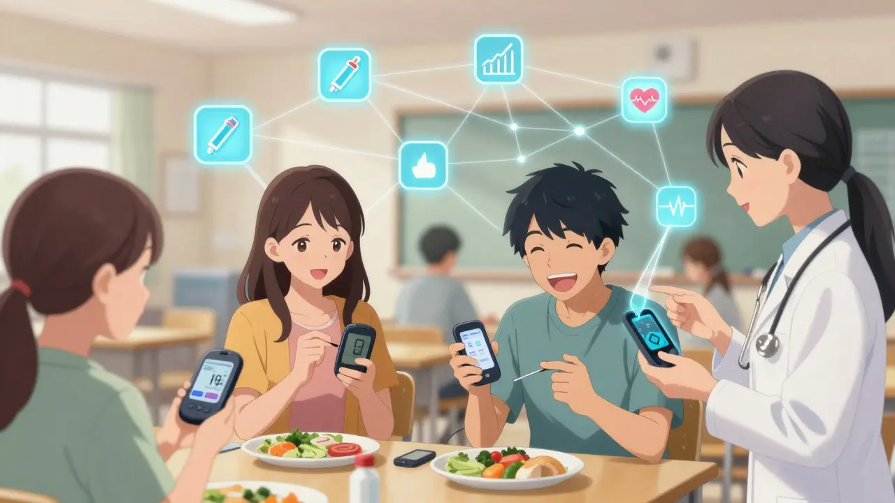 A diverse group connects with diabetes technology as glowing digital threads link their devices in a community setting.