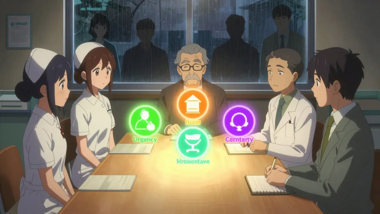 A diverse hospital ethics committee reviews allocation criteria under warm lantern light, with patients waiting outside in the rain.