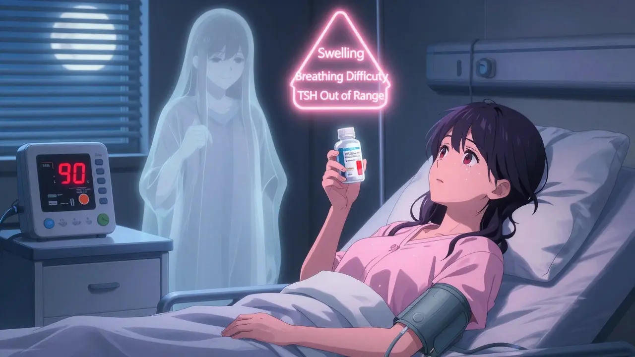 A patient in hospital with low blood pressure and a ghostly image of her former self holding the brand-name pill.