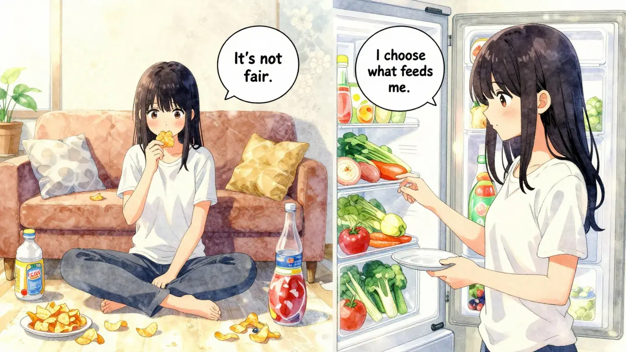 A person transforming their kitchen environment from chaotic snacking to mindful, healthy choices.