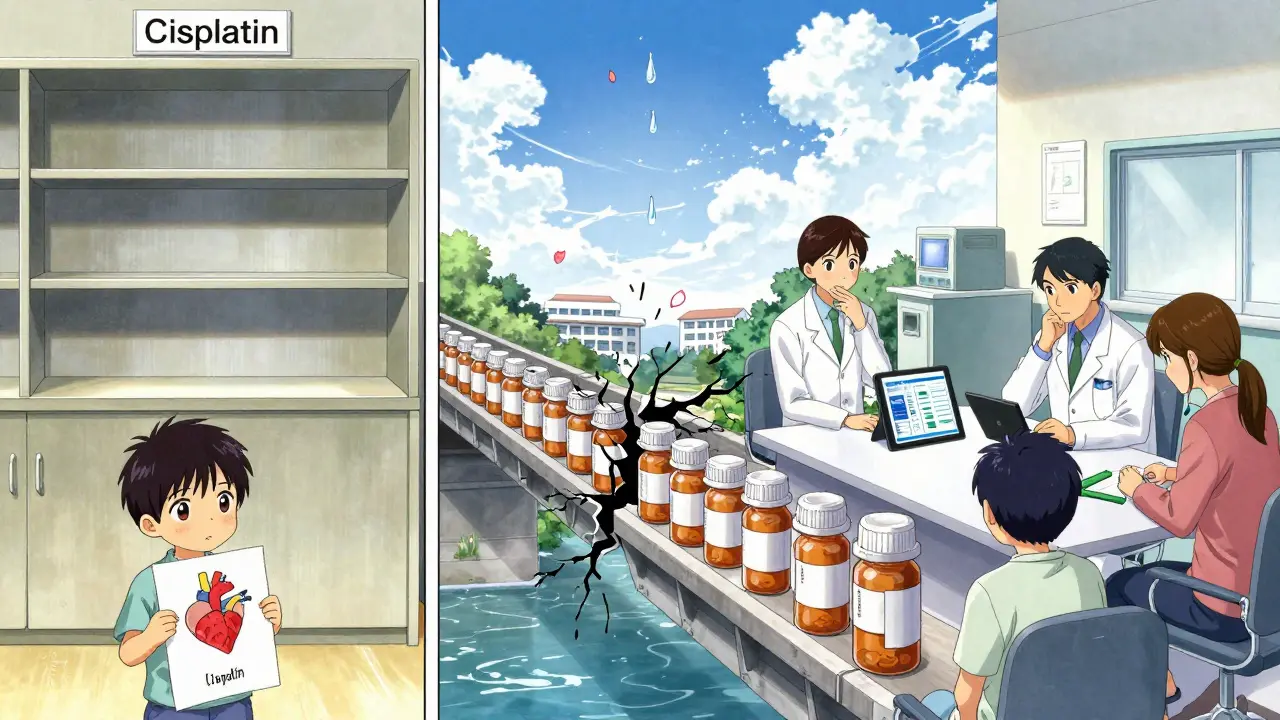 A rural clinic’s empty drug shelf contrasts with a well-resourced hospital’s ethical committee, connected by a crumbling bridge of bottles.