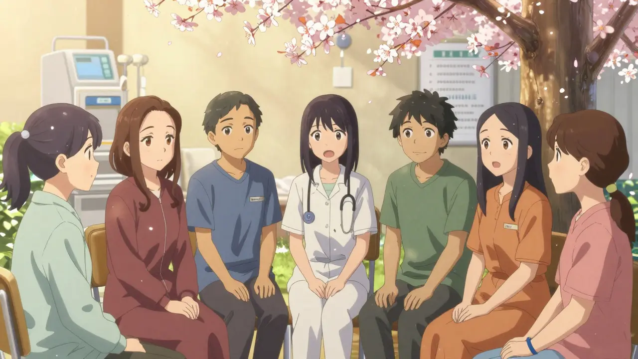 A support group of patients under a blossoming tree, each with subtle symbols of their PKD journey, bathed in warm golden light.