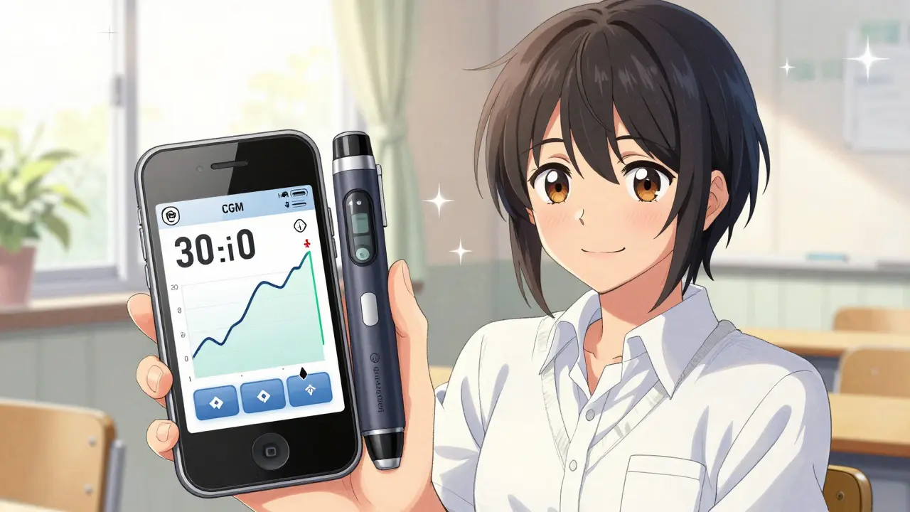 A teenager confidently uses a smart insulin pen while viewing their glucose trends on a phone screen in sunlight.