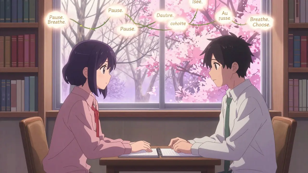 A therapist and client sharing a quiet moment of understanding, with glowing thoughts of mindful choice.