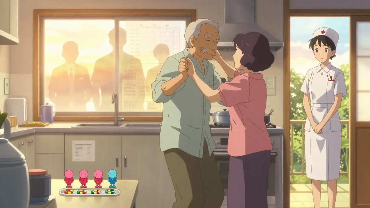 An elderly man dances with his wife as pills rest nearby, past medical struggles fading into golden sunset light, symbolizing how personal meaning transforms treatment.