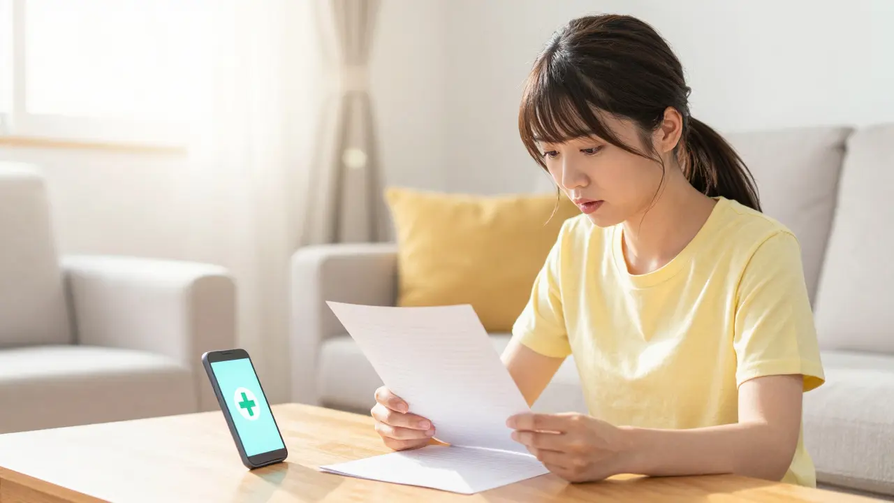 Family relaxing at home with medical documents and phone
