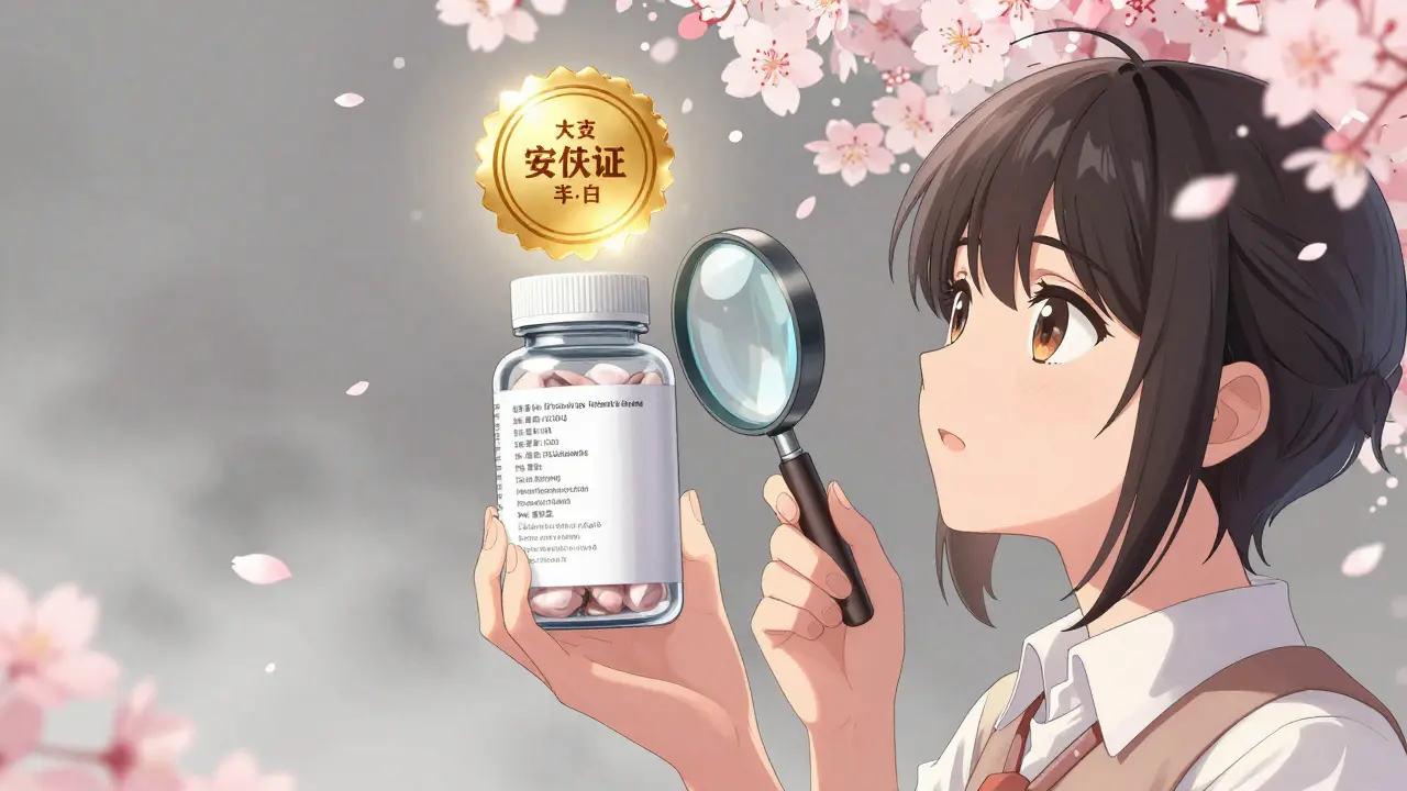 Magnifying glass revealing safety seal on vitamin bottle