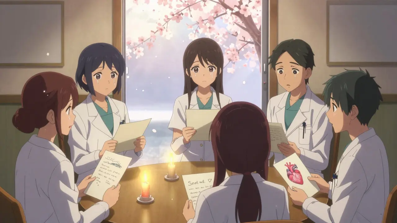 Medical residents share personal stories in a circle, drawing and writing as soft light and cherry blossoms surround them, expressing emotional healing through narrative.