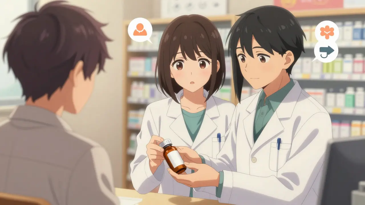 Pharmacist hands medicine bottle to patient in consultation room.