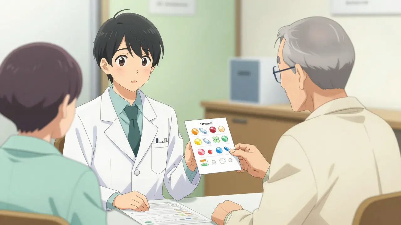 Pharmacist showing pill comparison chart to patient in clinic