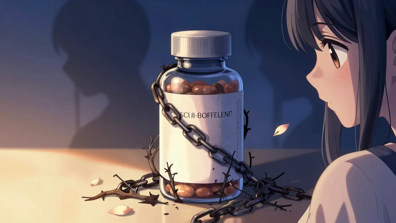 Supplement bottle with shadowy vines hiding ingredients from view