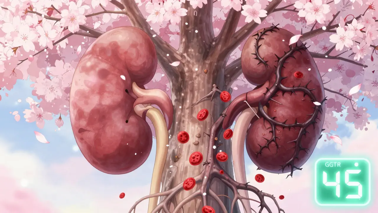 Two kidneys depicted as cherry blossom trees, one healthy, one choked by dark vines, with a low eGFR reading in anime manga style.
