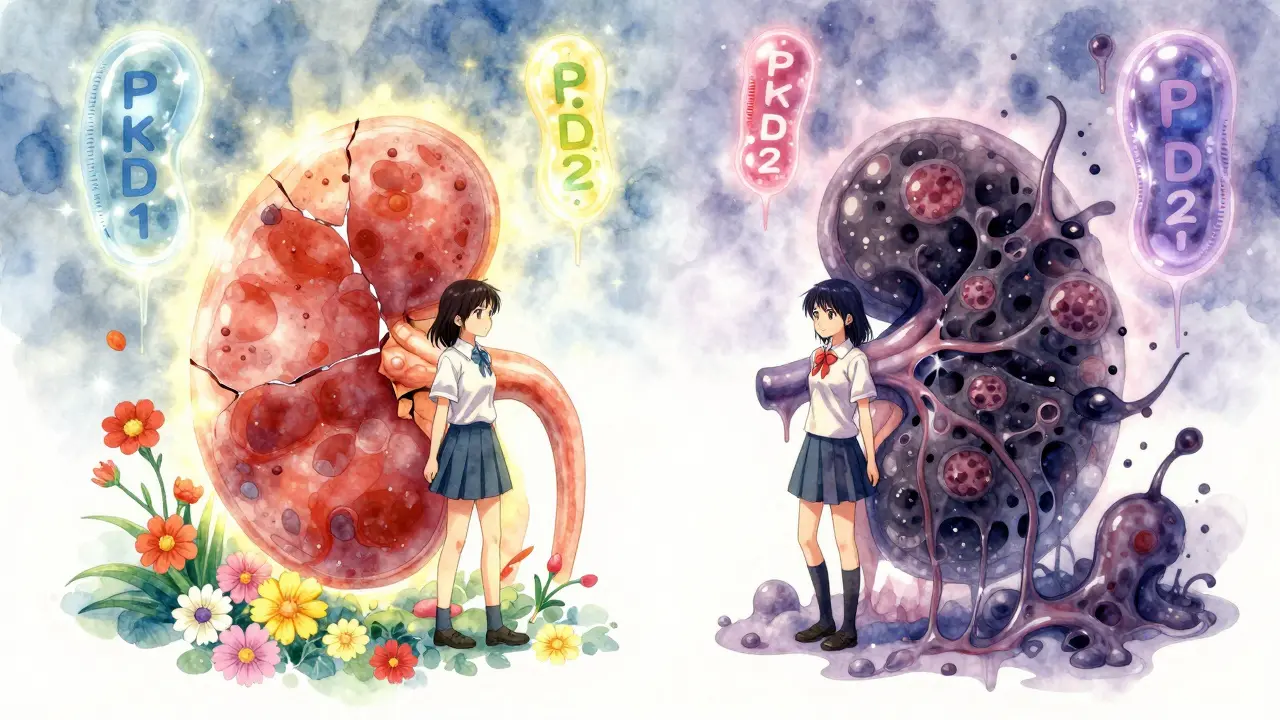 Two twins on either side of a glowing kidney, one healthy and blooming, the other overtaken by dark cysts, with floating genes above them.