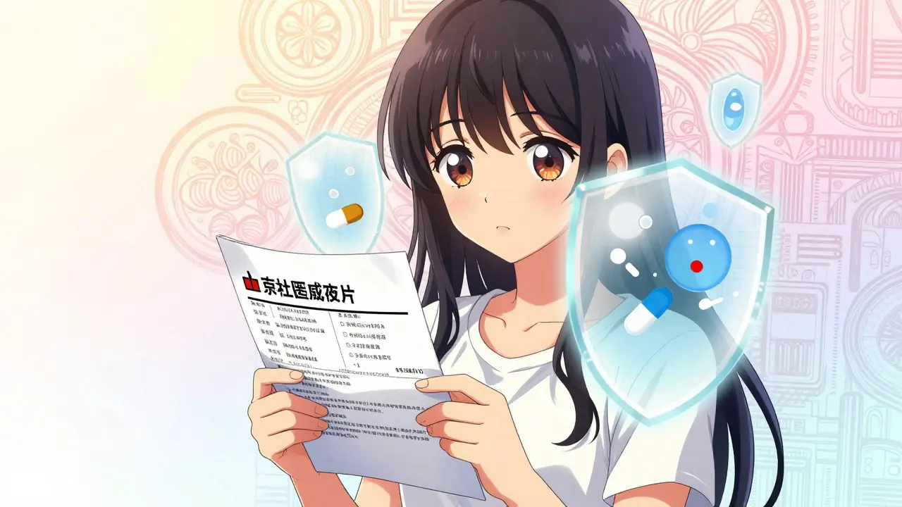 Woman reviews medication safety notes with glowing protective aura.