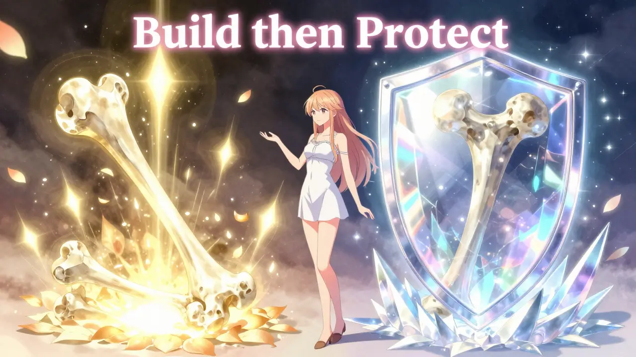 A conceptual image showing a bone being built and then protected by a shield.