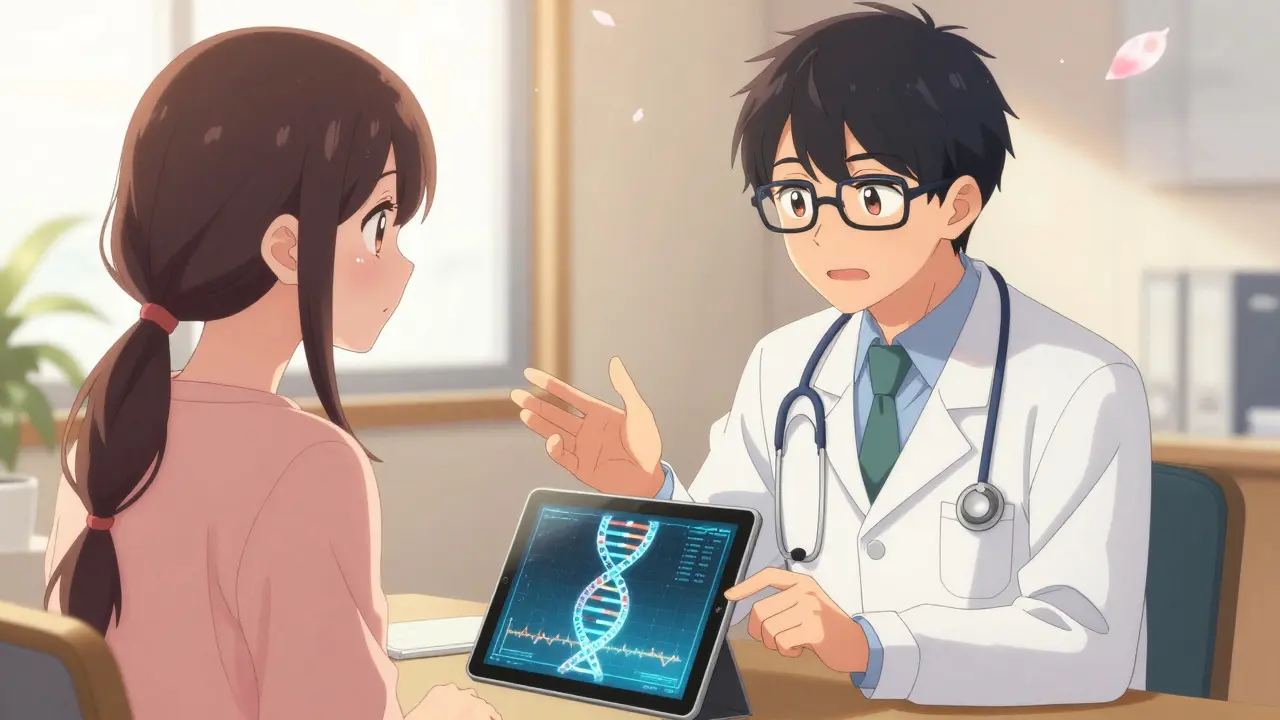 A patient and doctor discussing personalized medicine with a DNA graphic in manga style.