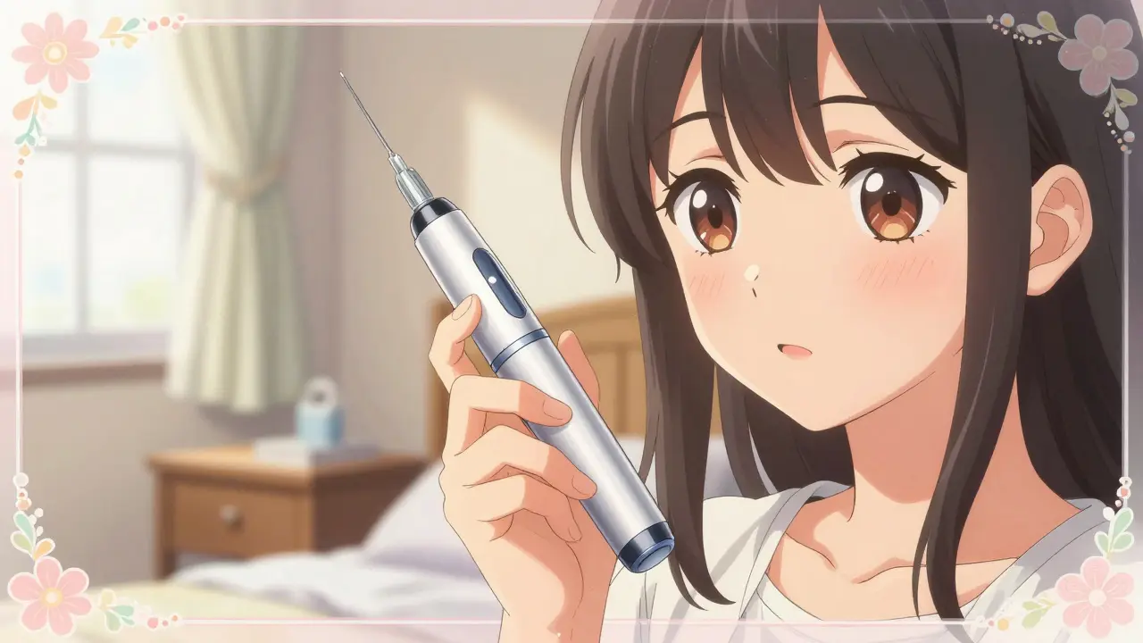 A person holding a medical injection pen in a sunlit bedroom, shoujo manga style.