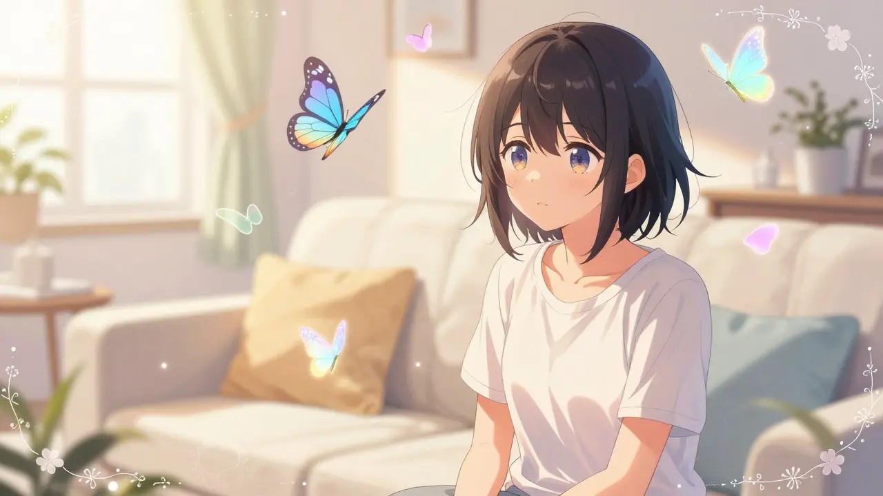 A person in a sunlit room seeing ethereal floating butterflies in shoujo manga style.
