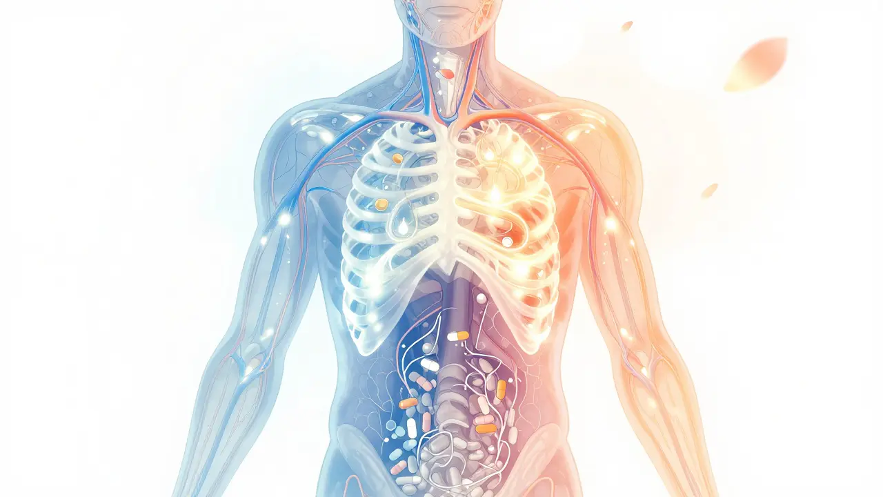 Conceptual manga art showing the flow of medication through an aging body