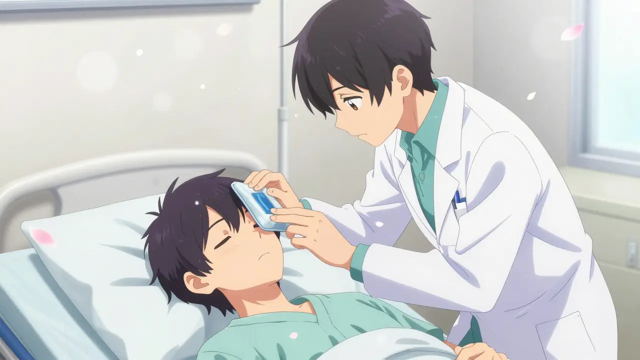 Doctor applying a cooling pack to a patient in a hospital setting in shoujo manga style.
