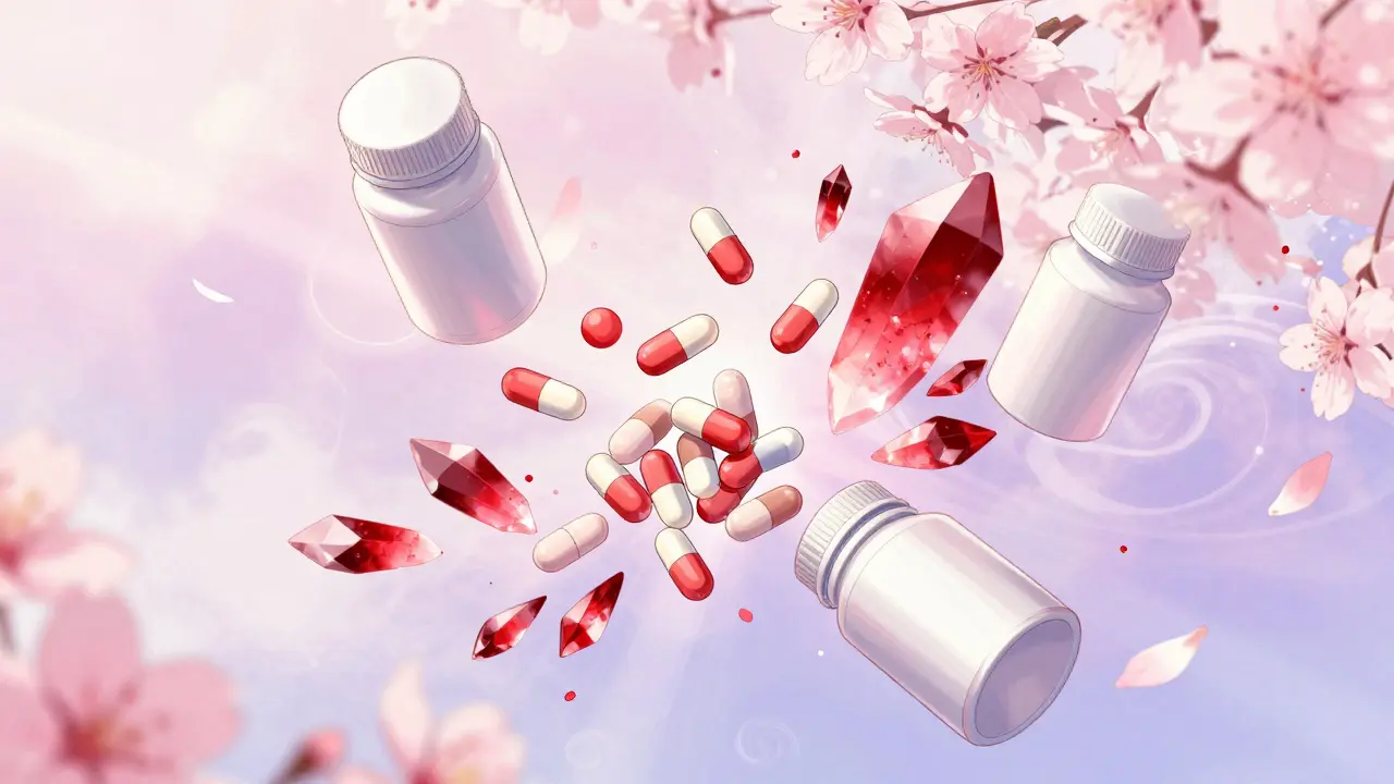 Floating pills and red crystalline shards in a dreamy manga style