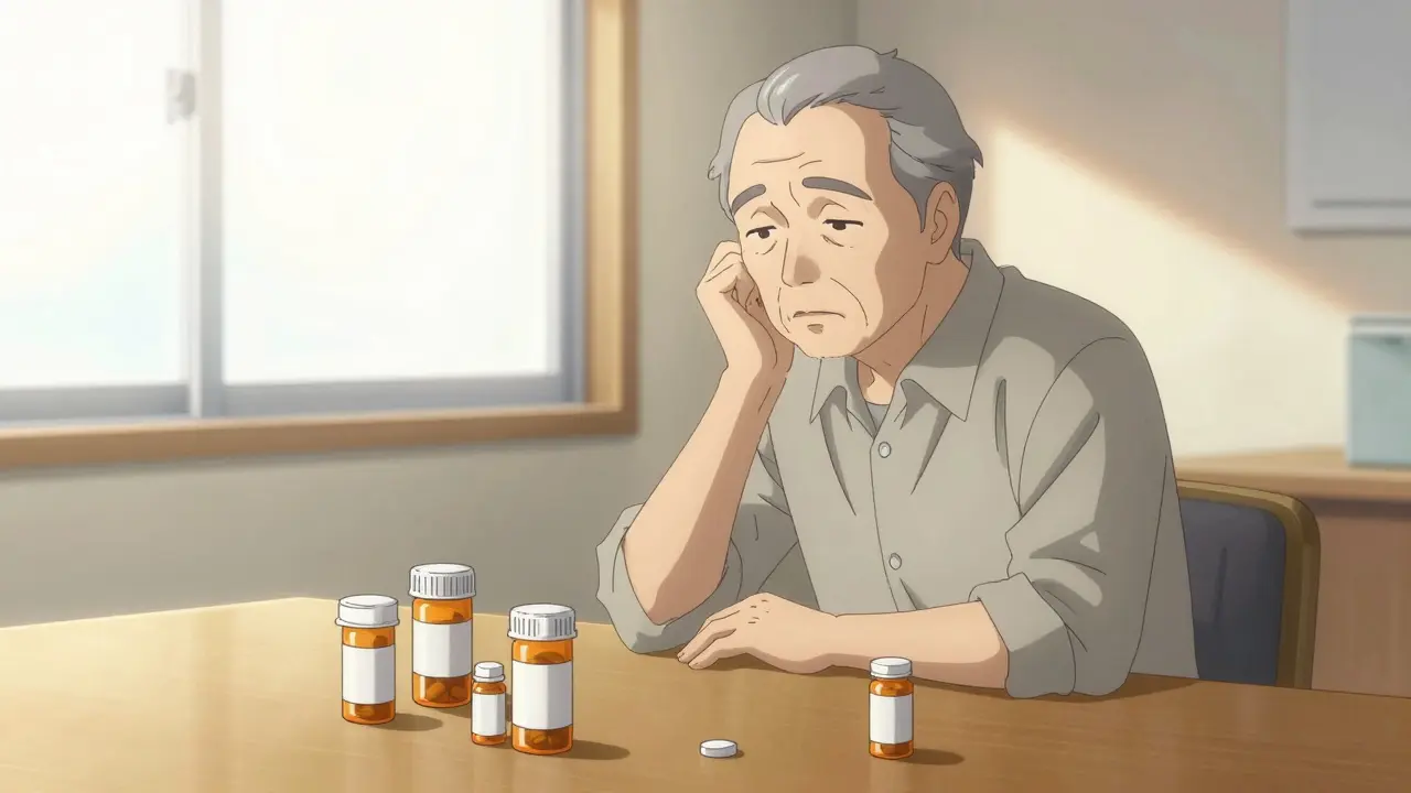 Older man sitting with multiple medication bottles on a table in shoujo manga style