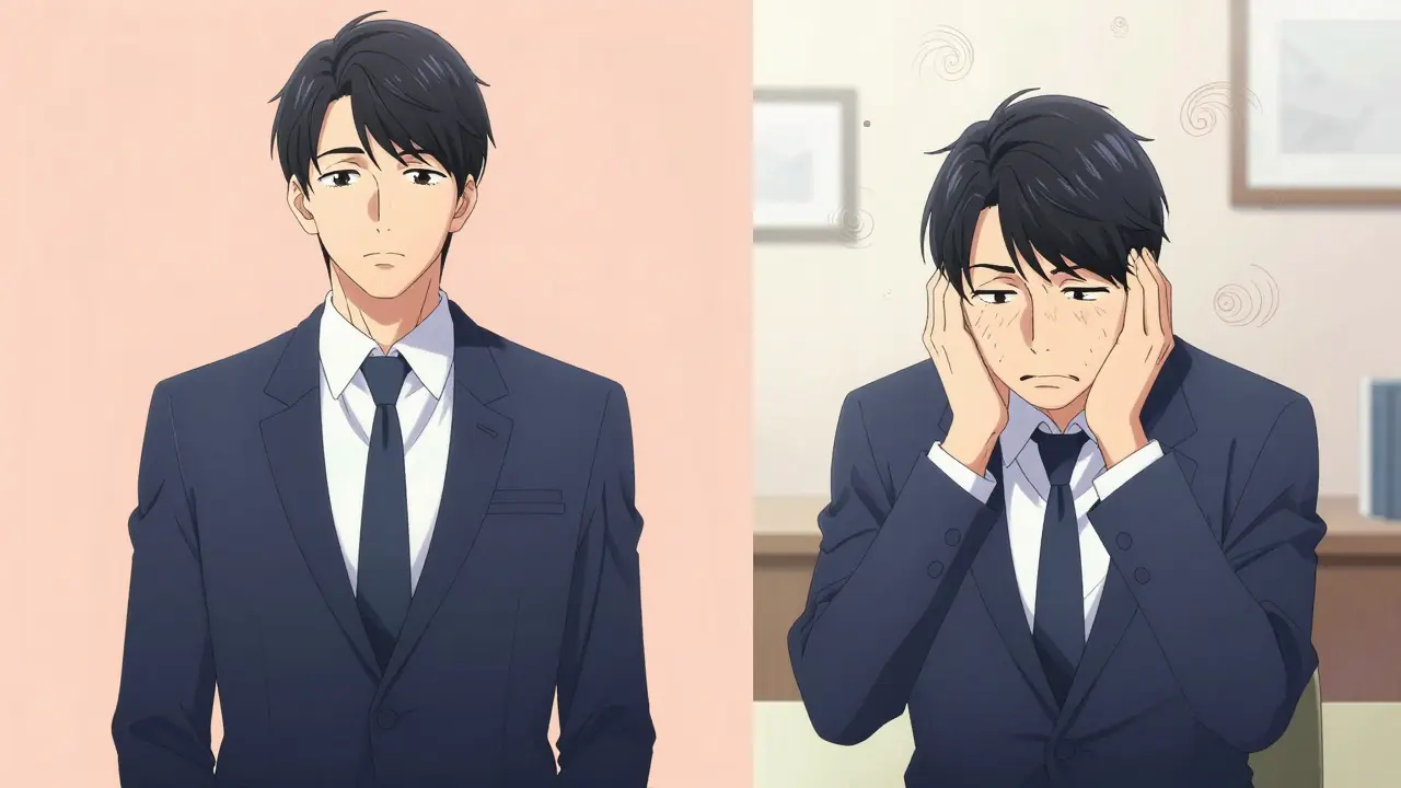 Split-screen manga art showing a man's professional persona versus his personality shift.