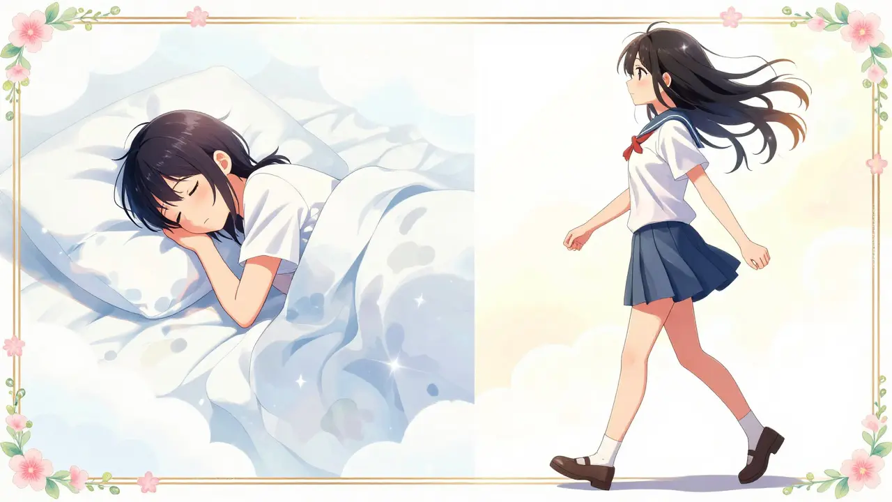 Split-screen manga art showing a sleepy person versus an energized person.