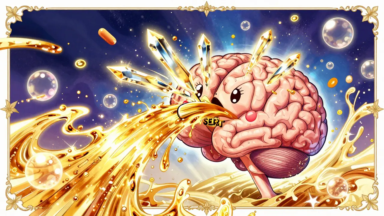Stylized depiction of serotonin overflowing in a brain synapse with crystalline blocks in shoujo manga style.