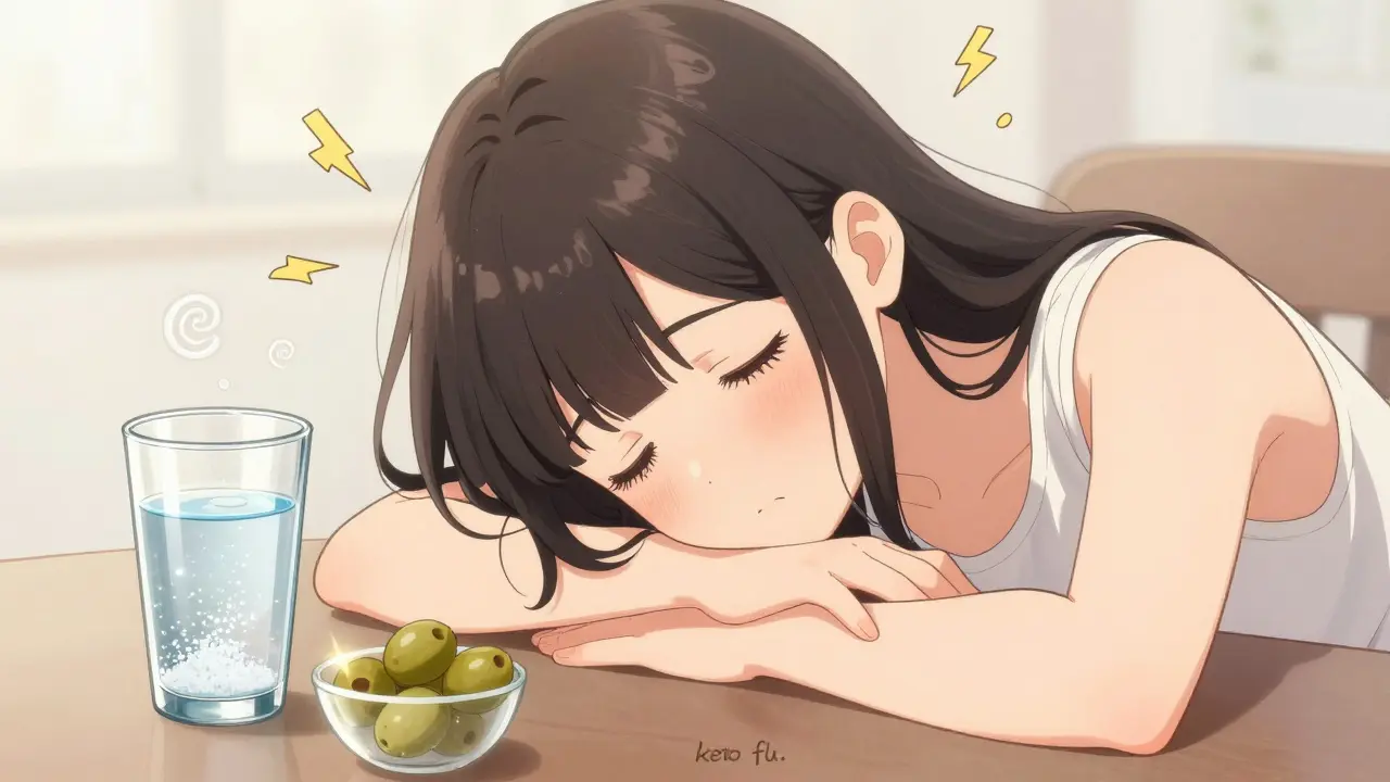 Tired young woman with whimsical dizzy symbols and a glass of salted water in shoujo manga style.