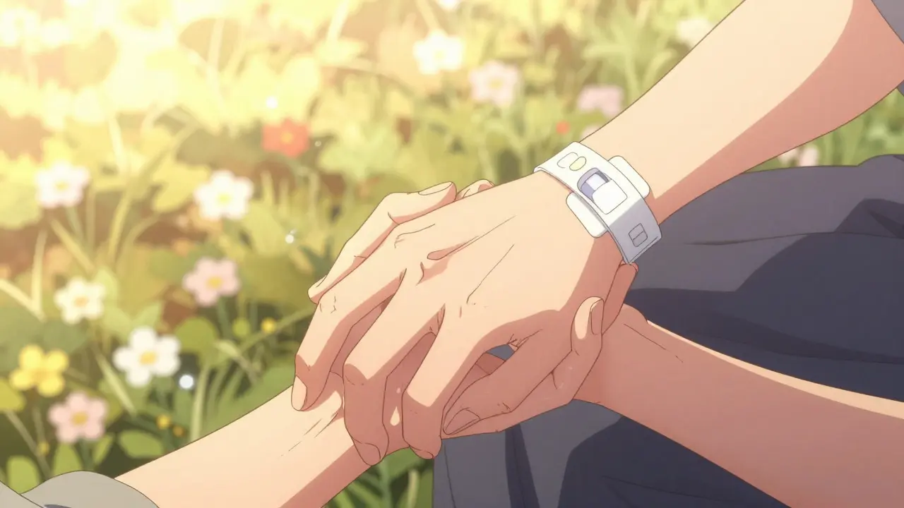 Two people holding hands with a medical alert bracelet in shoujo manga style