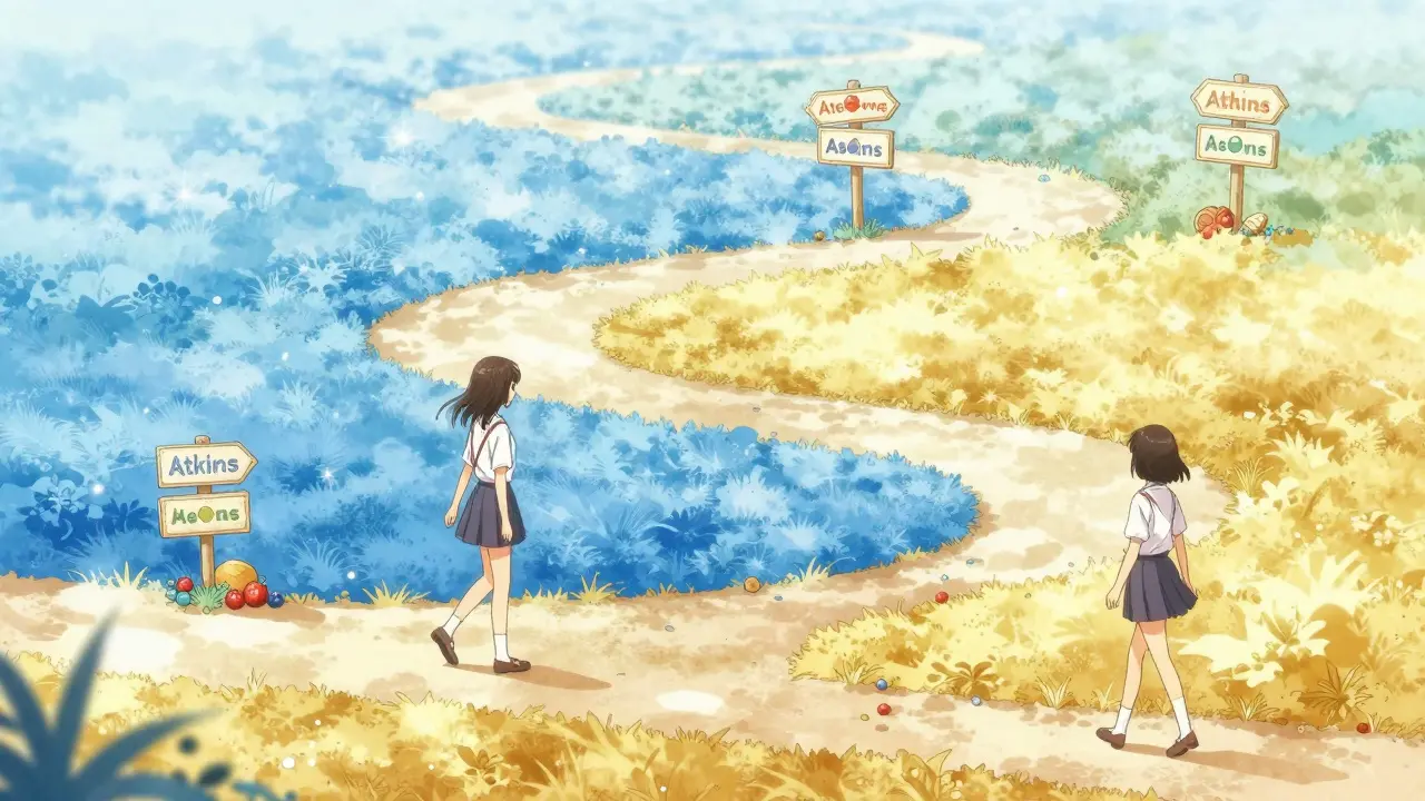 Woman walking along a four-phase path with berries and nuts in shoujo manga style.